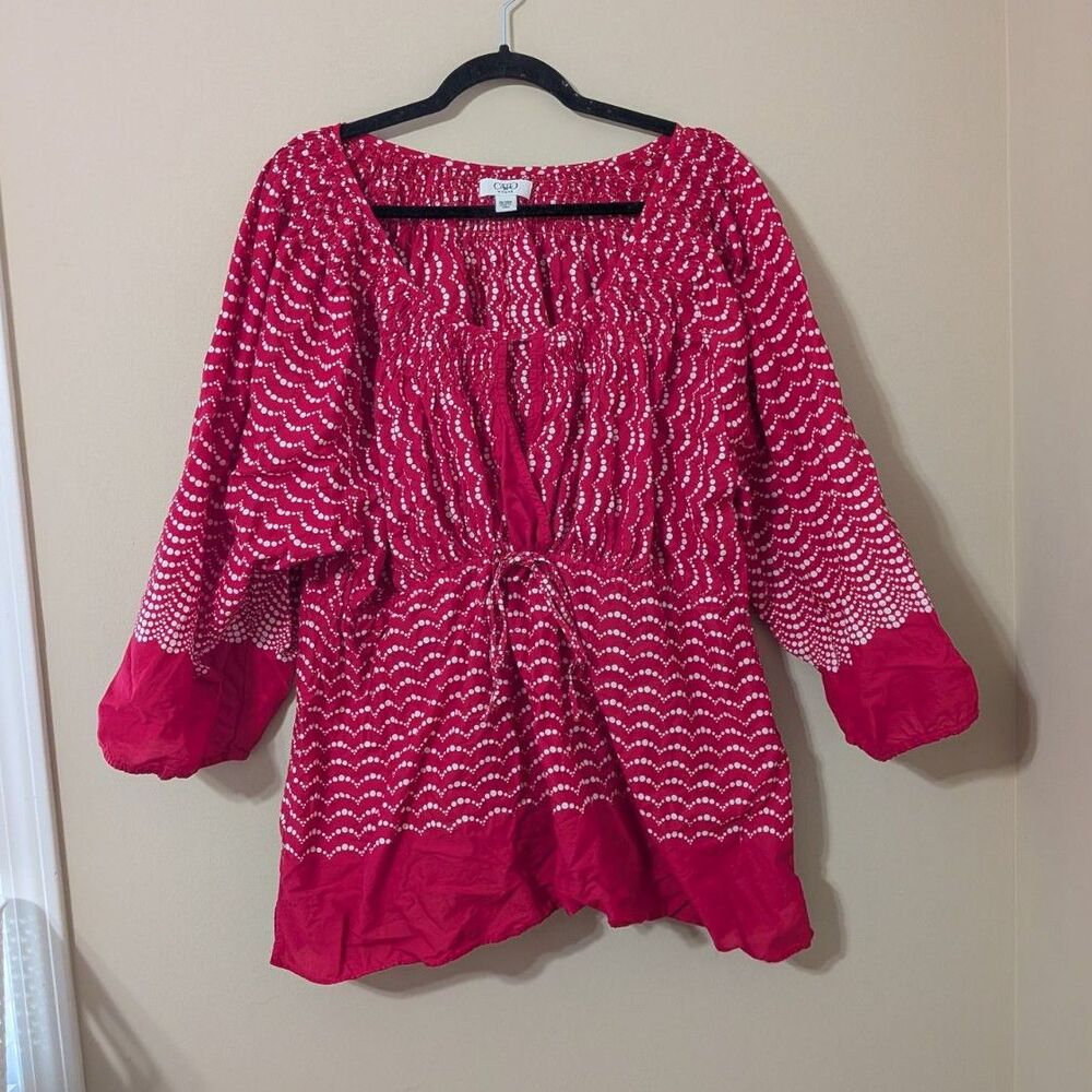 Cato Red Boho Milkmaid Style Blouse Smocked Tie Balloon Sleeve With Wavy Pattern